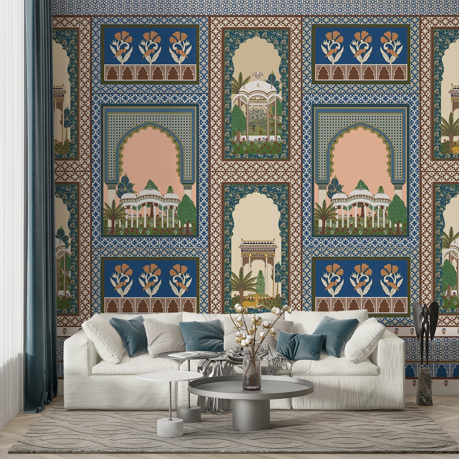 Ornate Islamic architecture panels with domed palaces, arches and decorative floral motifs in teal - view 6 - final