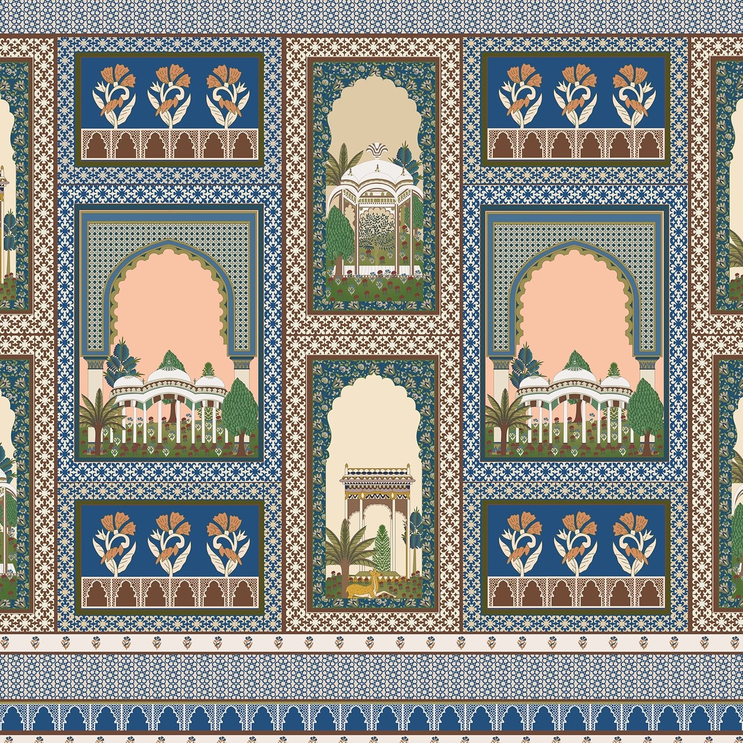 Ornate Islamic architecture panels with domed palaces, arches and decorative floral motifs in teal - view 7 - final