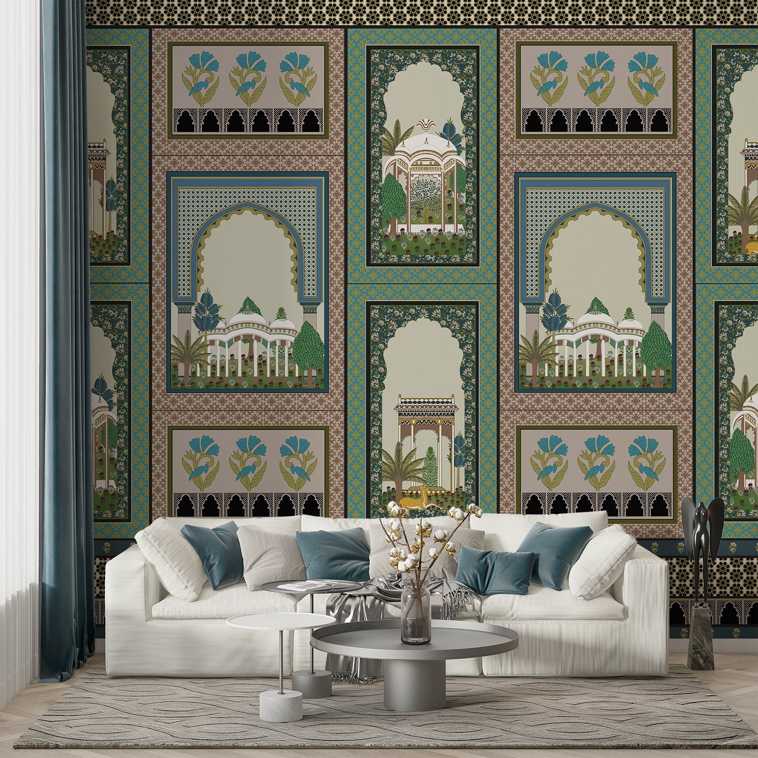 Ornate Islamic architecture panels with domed palaces, arches and decorative floral motifs in teal - final living-room