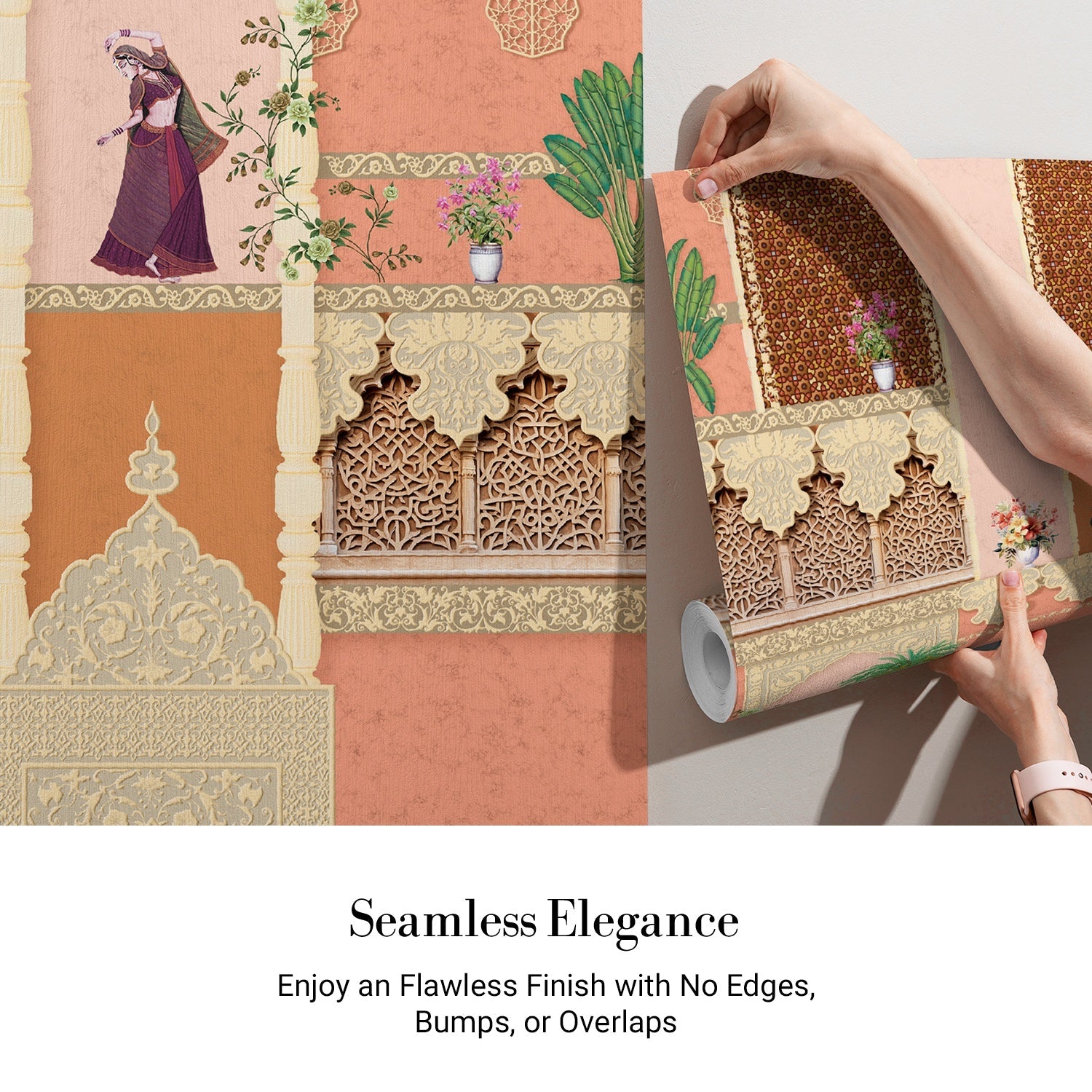 Ornate Indian palace interior with coral walls, decorative arches and traditional Mughal architectural details - view 3 - final