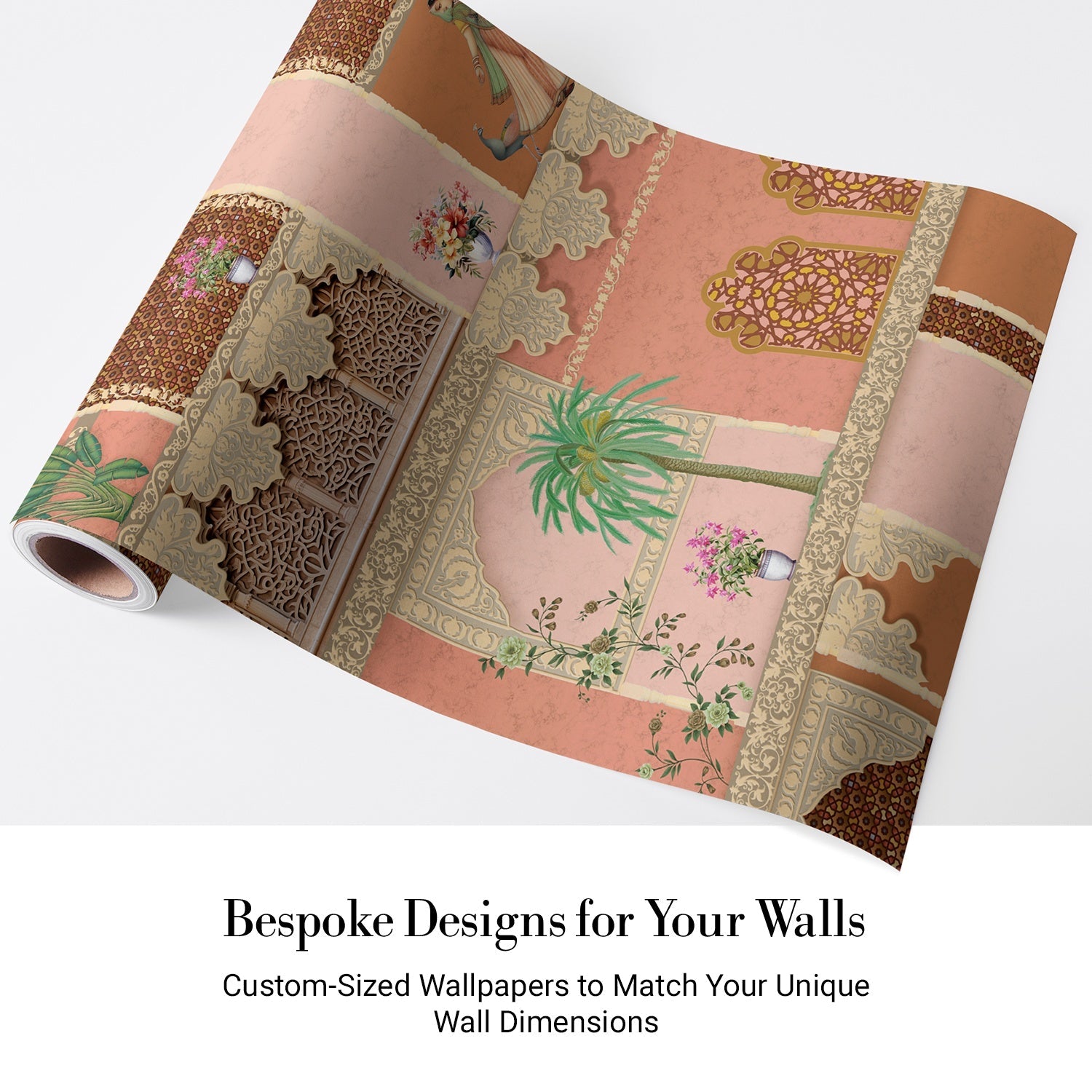 repeat-full-square Ornate Indian palace interior with coral walls, decorative arches and traditional Mughal architectural details - view 4 - final