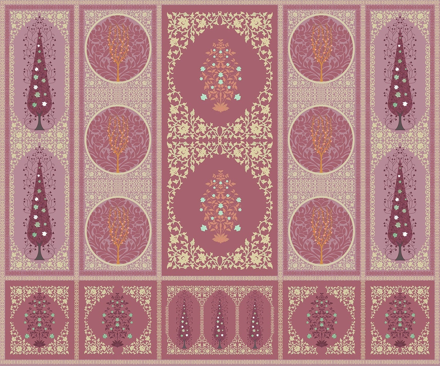 "Ornamental floral panel in lea - mughal wallpaper mural-inequal final"