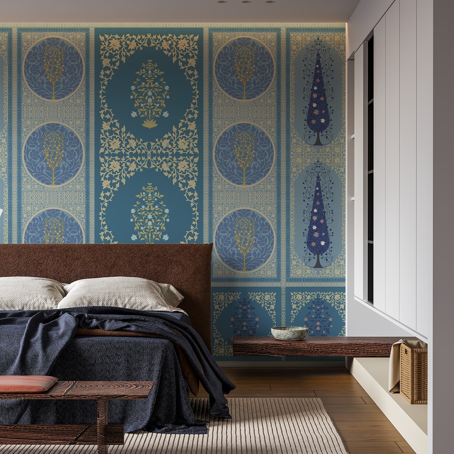 Traditional Indian panels featuring circular tree motifs and floral designs in gold and sage - view 11 - final