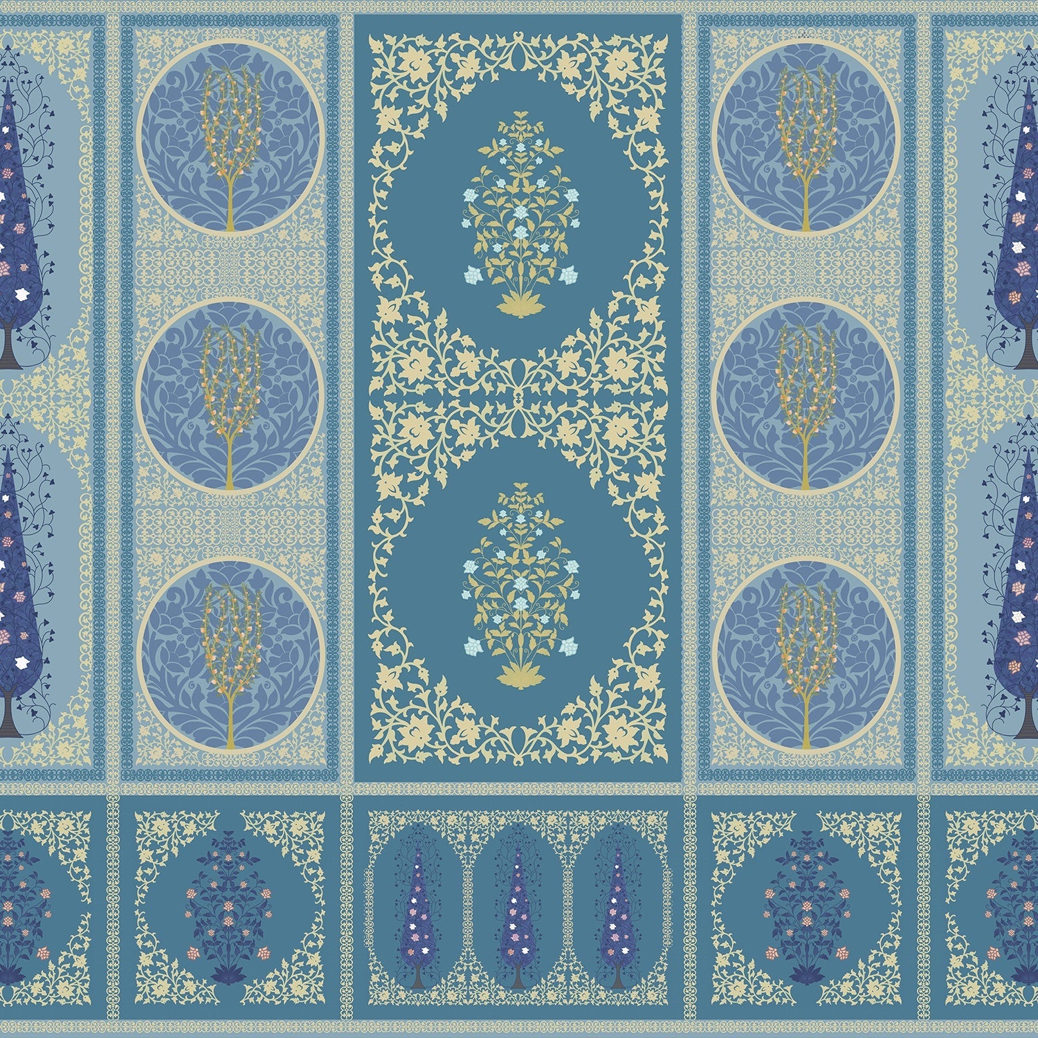 Traditional Indian panels featuring circular tree motifs and floral designs in gold and sage - view 12 - final