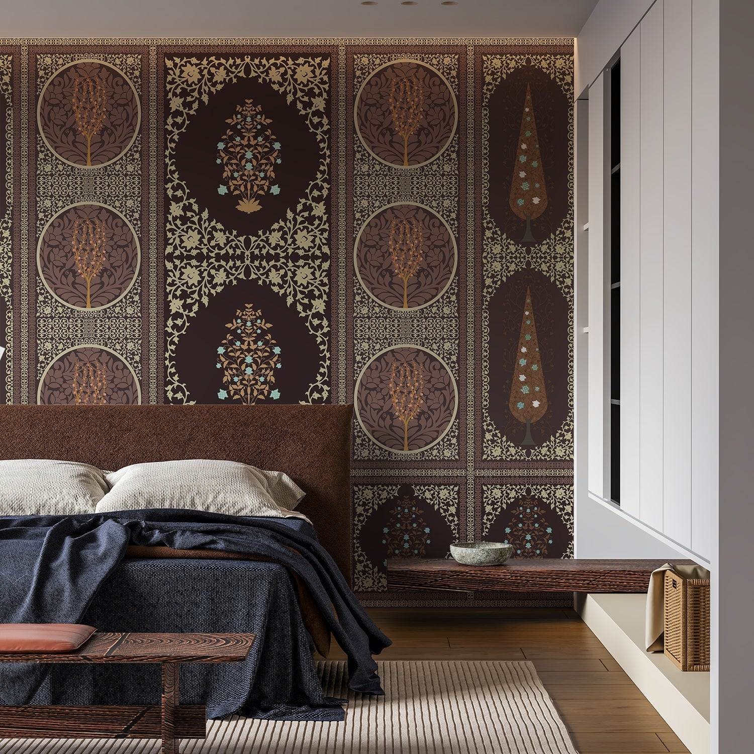 Traditional Indian panels featuring circular tree motifs and floral designs in gold and sage - view 15 - final