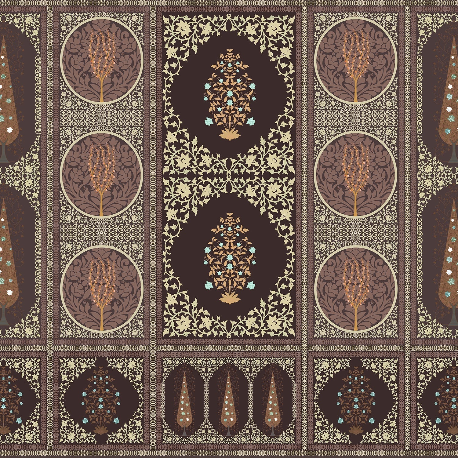 Traditional Indian panels featuring circular tree motifs and floral designs in gold and sage - view 16 - final