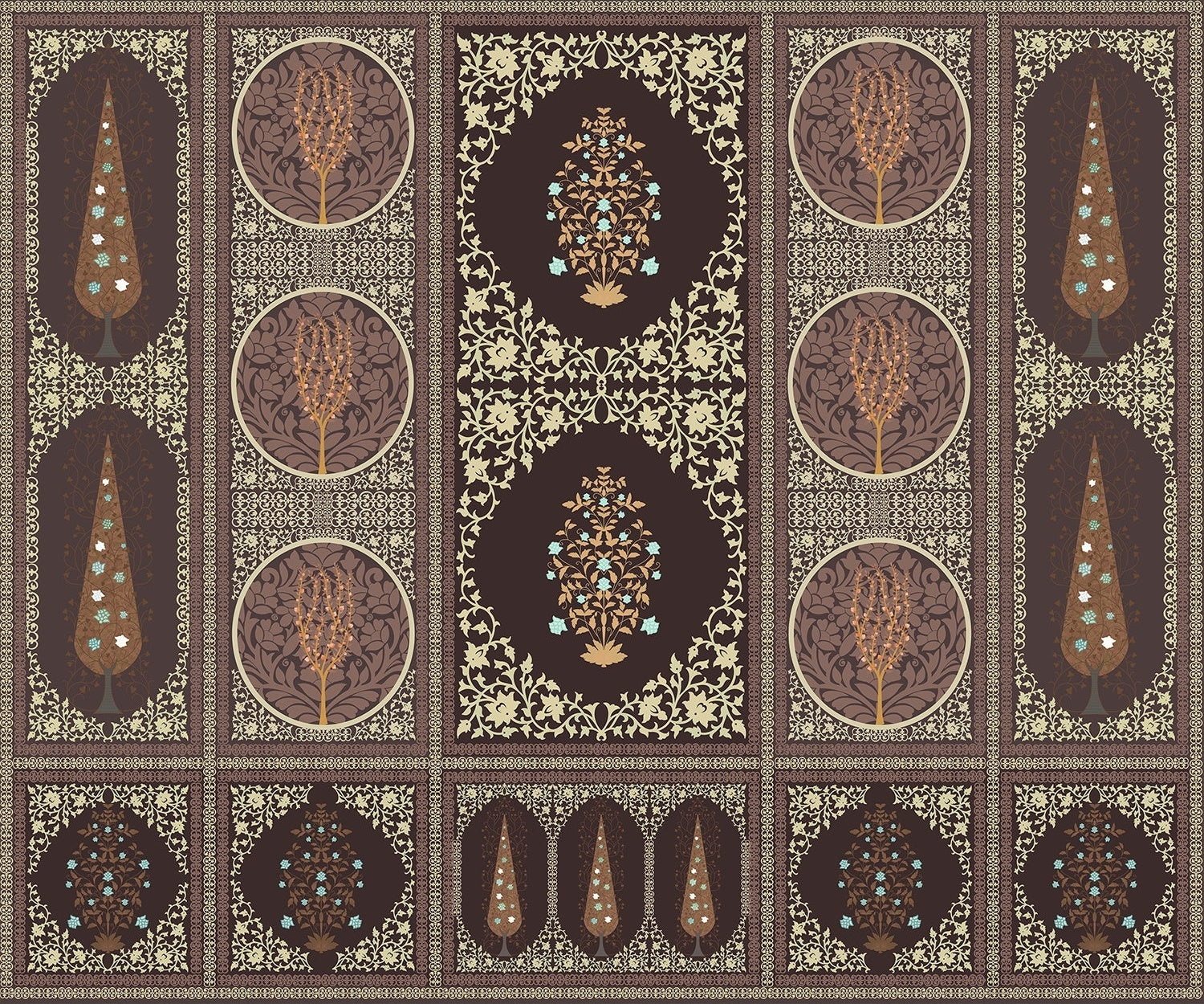 "Ornamental floral panel in lea - mughal wallpaper mural-inequal final"