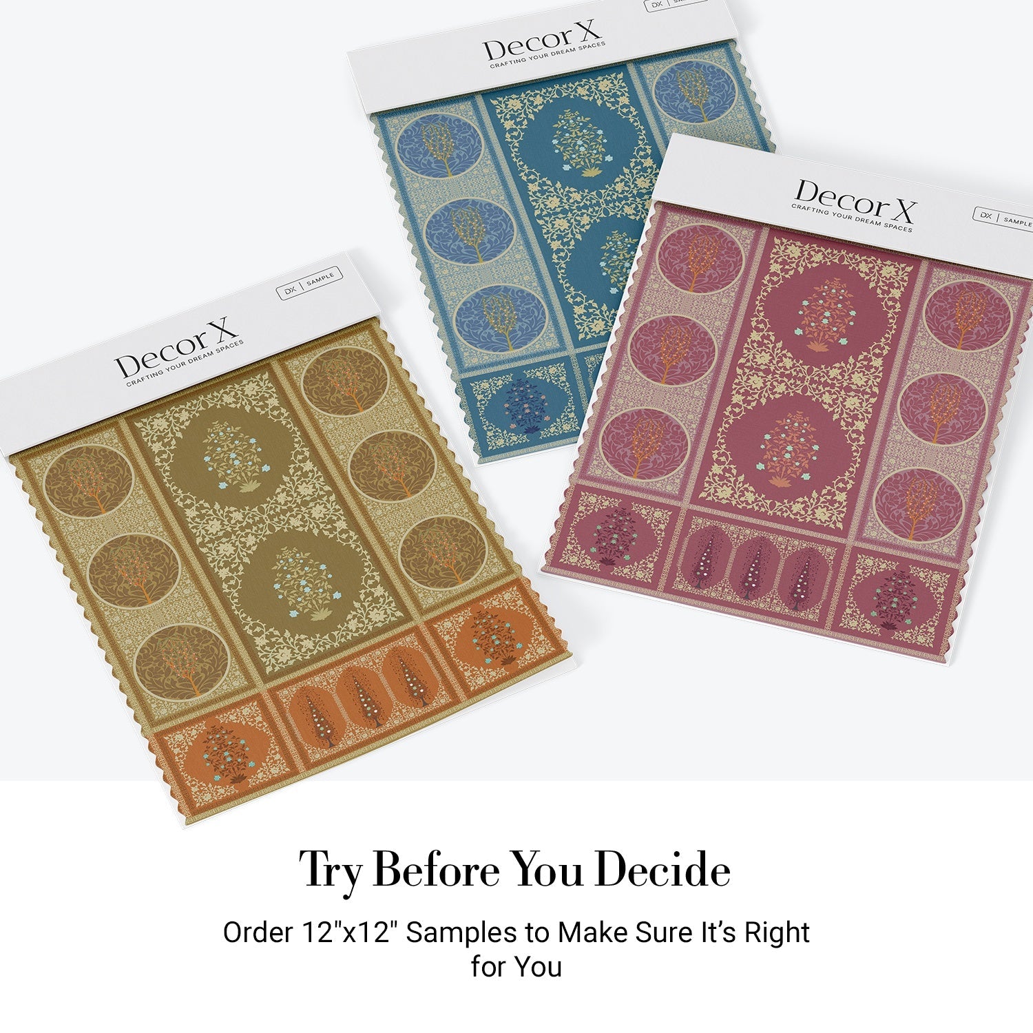 Traditional Indian panels featuring circular tree motifs and floral designs in gold and sage - view 19 - final all-groups samples