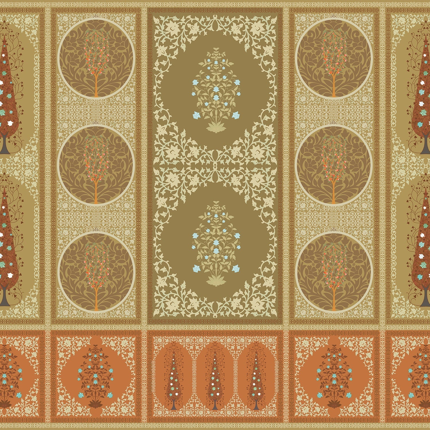 Traditional Indian panels featuring circular tree motifs and floral designs in gold and sage - view 2 - final