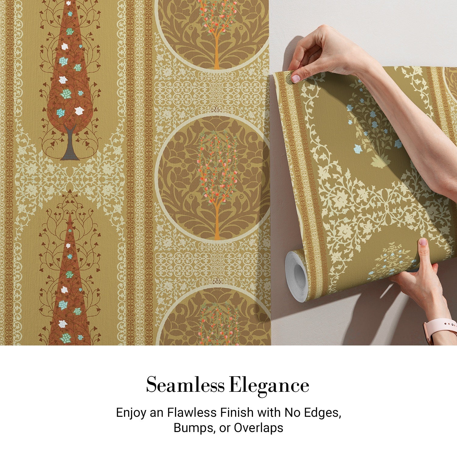 Traditional Indian panels featuring circular tree motifs and floral designs in gold and sage - view 3 - final