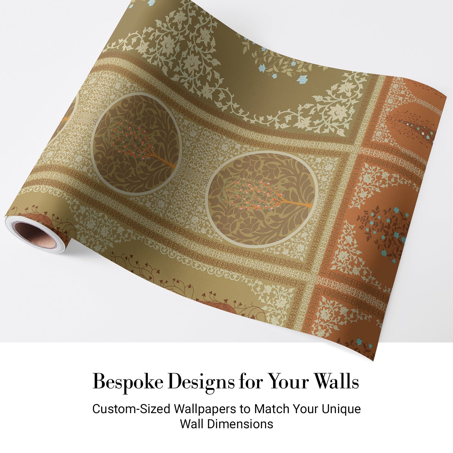 Traditional Indian panels featuring circular tree motifs and floral designs in gold and sage - view 4 - final