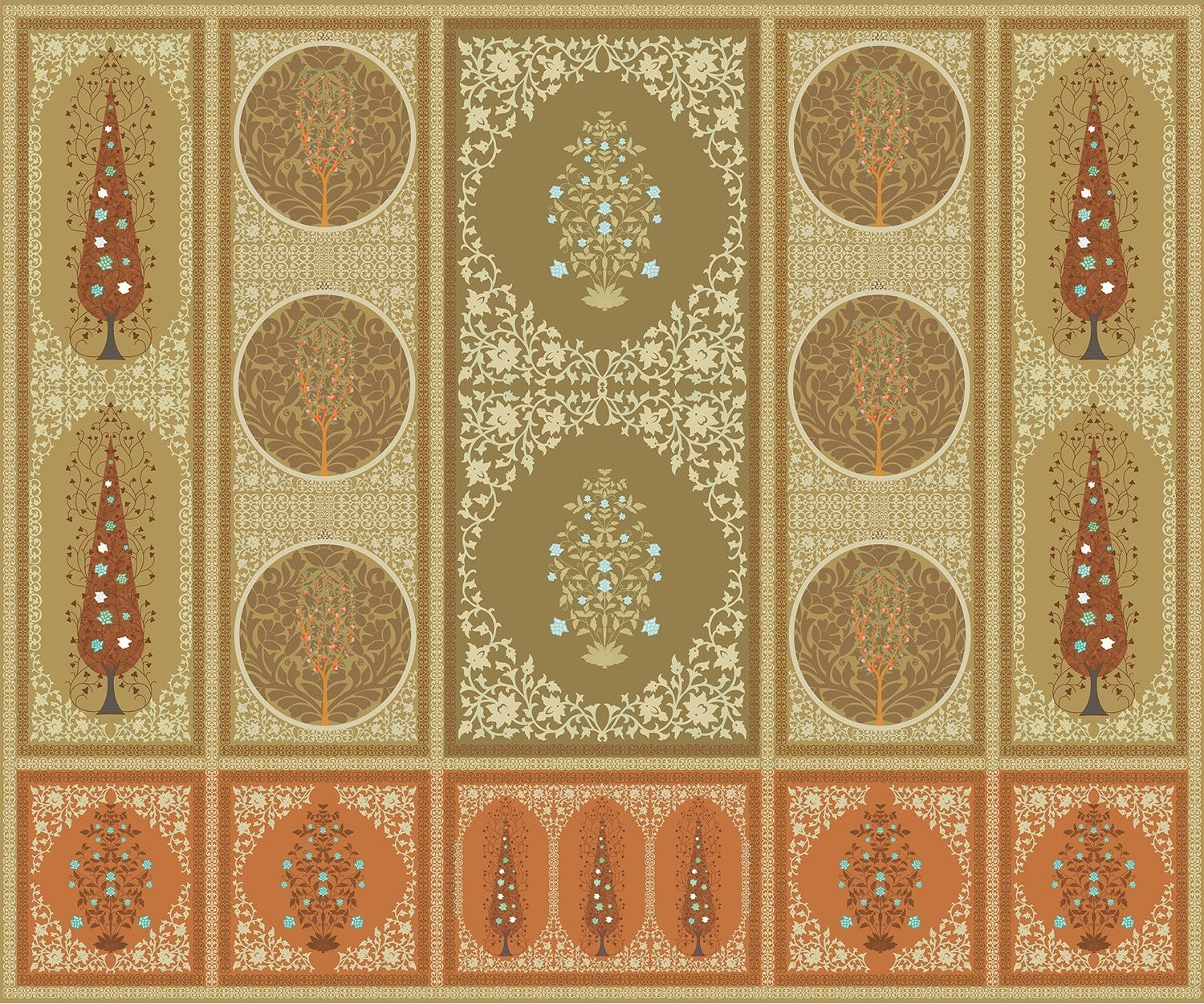 "Ornamental floral panel in lea - mughal wallpaper mural-inequal final"