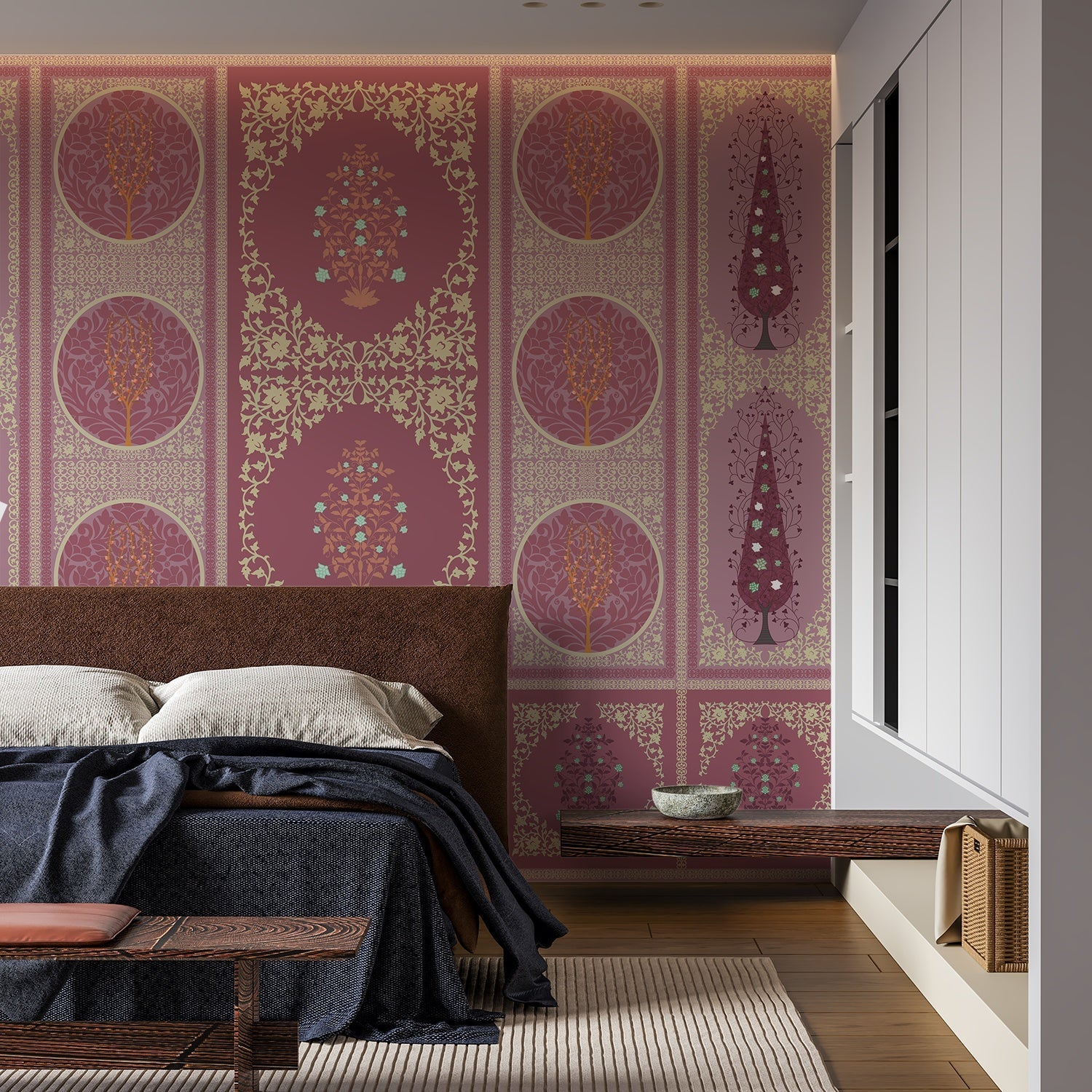 Traditional Indian panels featuring circular tree motifs and floral designs in gold and sage - view 7 - final