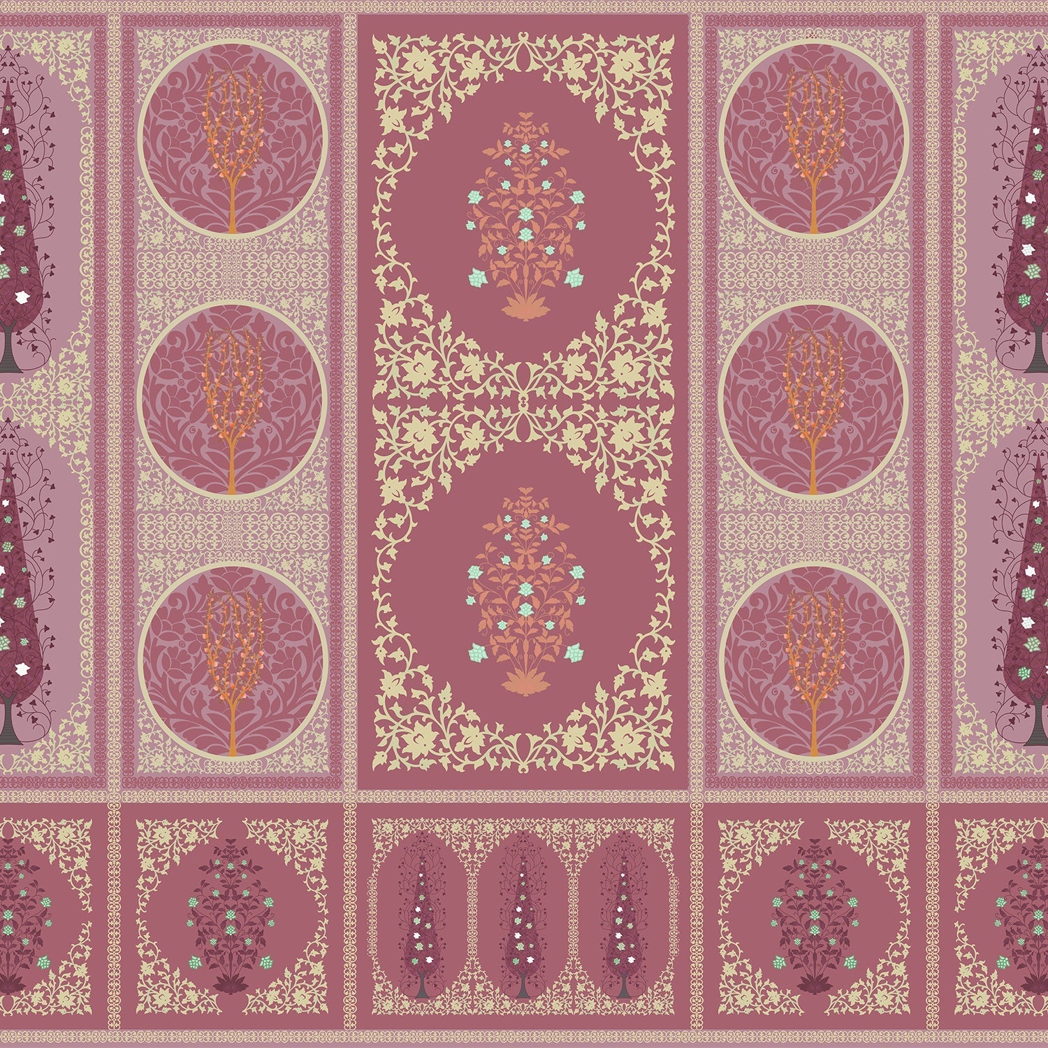Traditional Indian panels featuring circular tree motifs and floral designs in gold and sage - view 8 - final