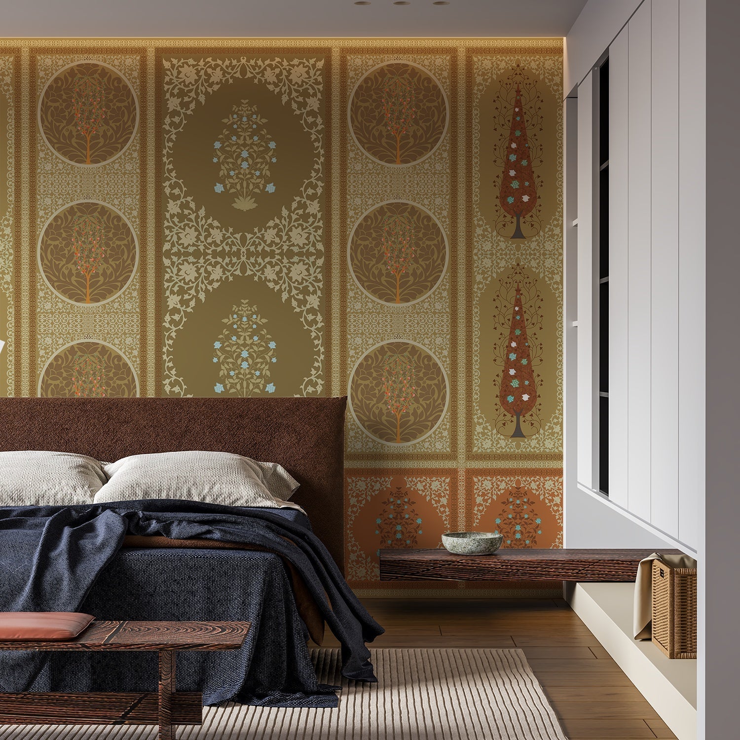 Traditional Indian panels featuring circular tree motifs and floral designs in gold and sage - final bed-room