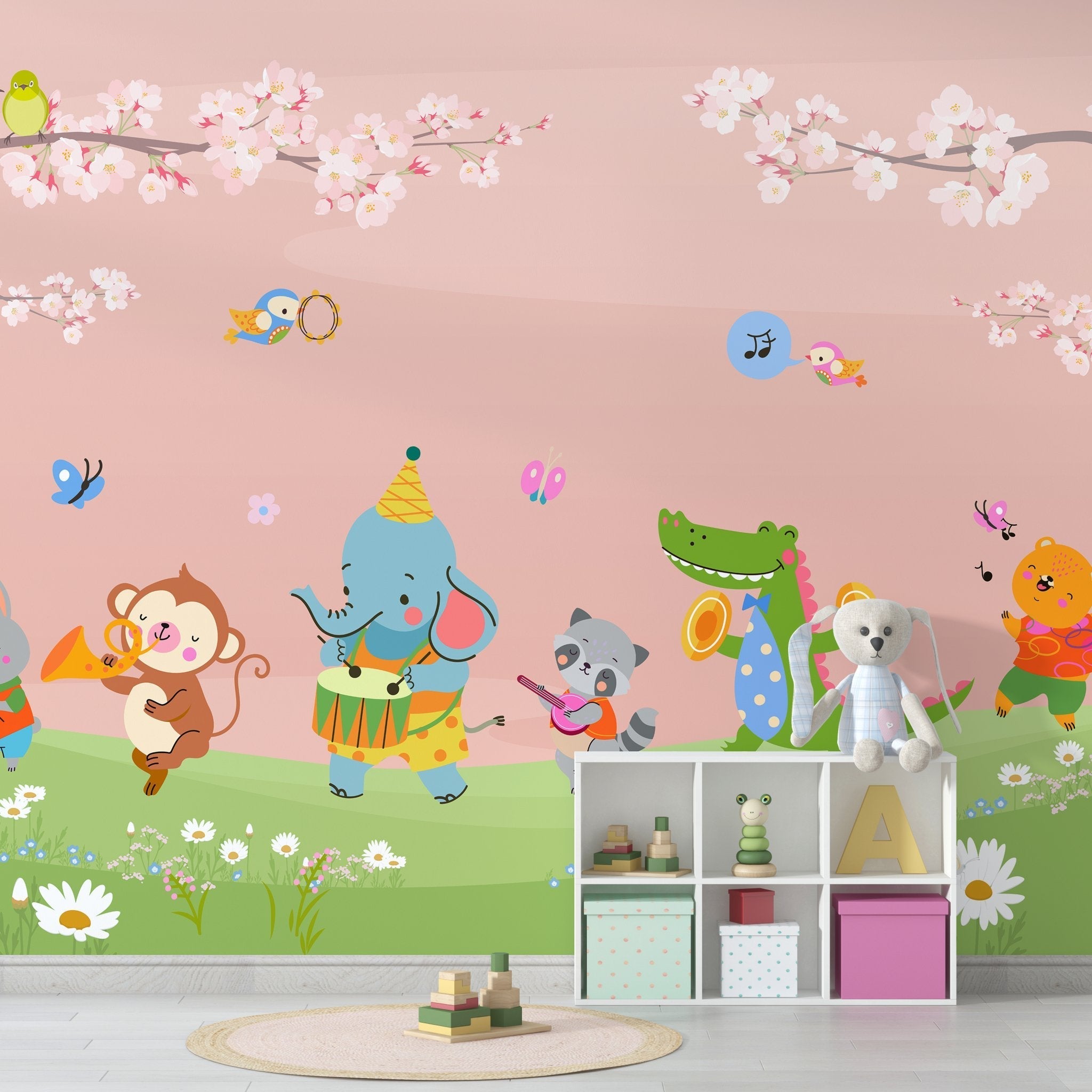 Cartoon animals playing instruments under cherry blossoms with butterflies on pastel blue background - view 13 - final