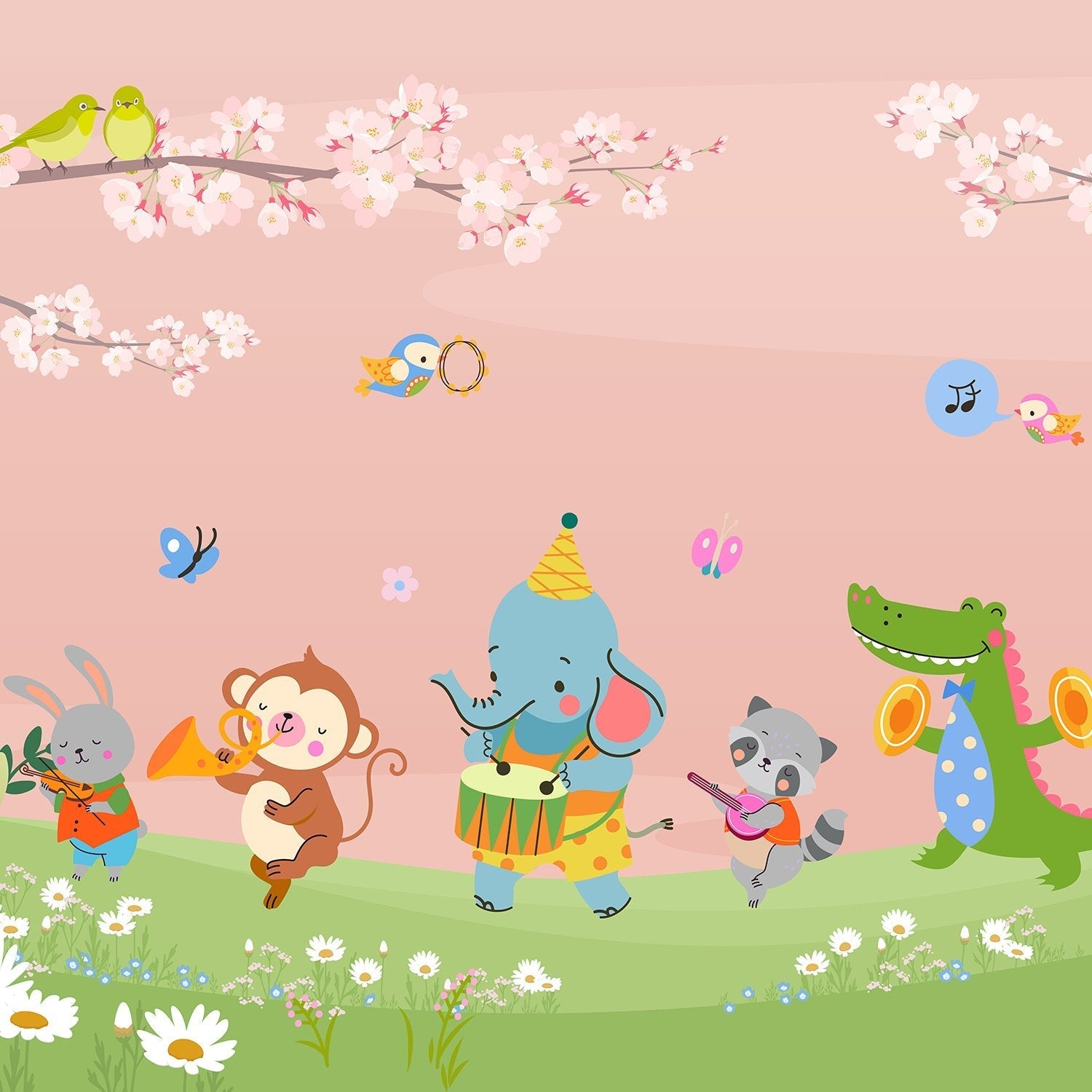 Cartoon animals playing instruments under cherry blossoms with butterflies on pastel blue background - view 14 - final