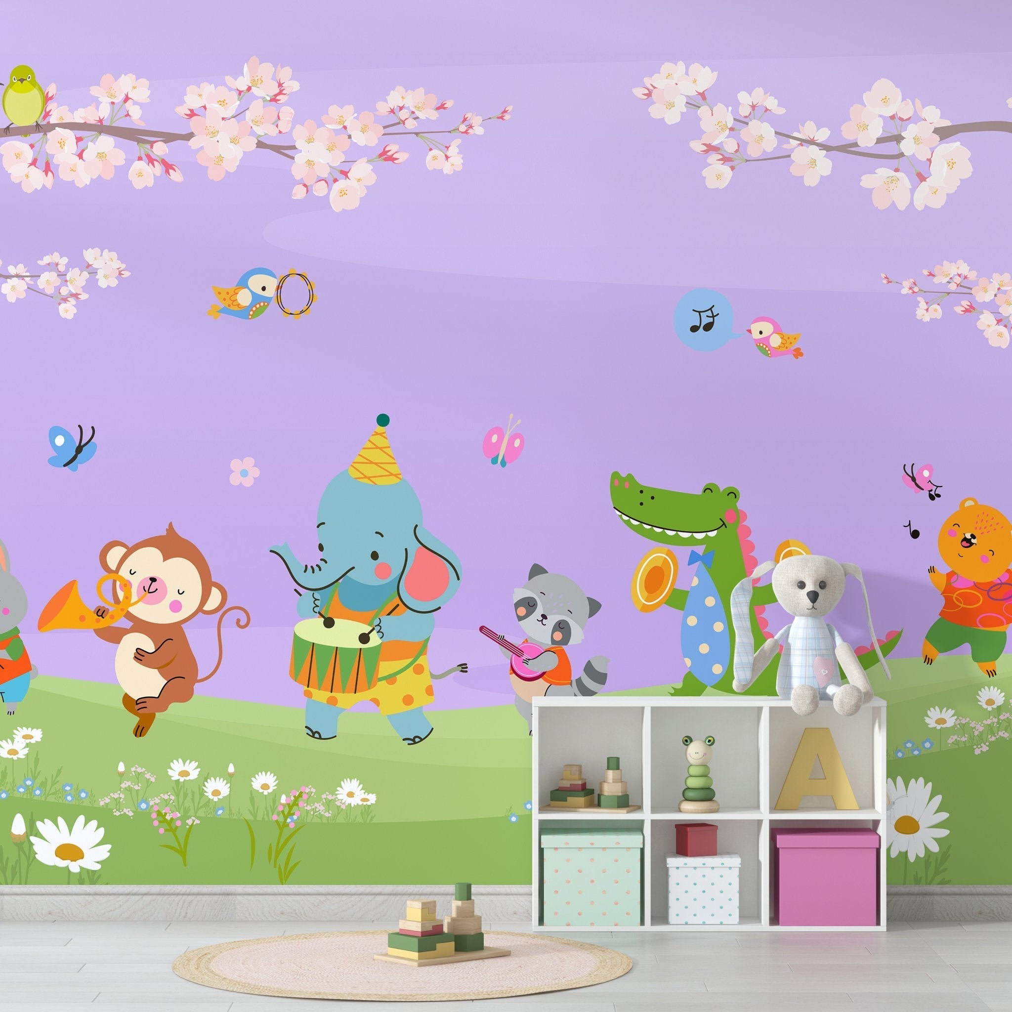 Cartoon animals playing instruments under cherry blossoms with butterflies on pastel blue background - view 17 - final