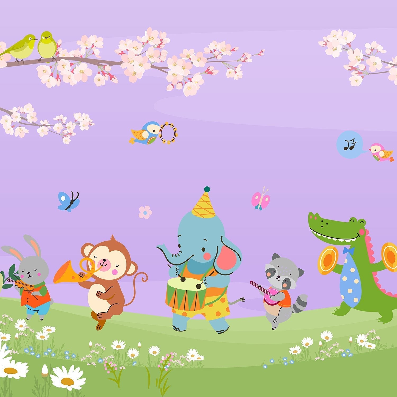 Cartoon animals playing instruments under cherry blossoms with butterflies on pastel blue background - view 18 - final