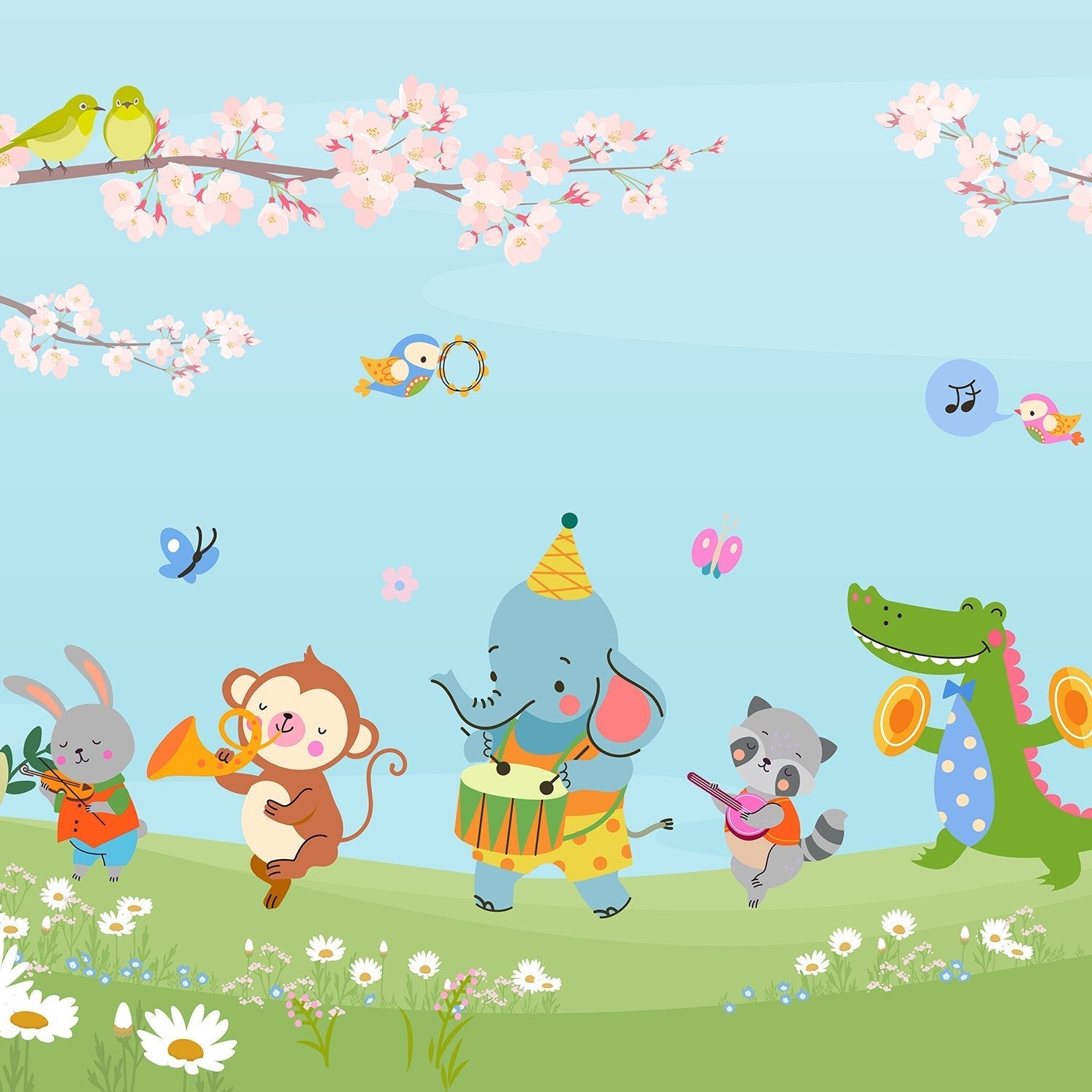 Cartoon animals playing instruments under cherry blossoms with butterflies on pastel blue background - view 2 - final