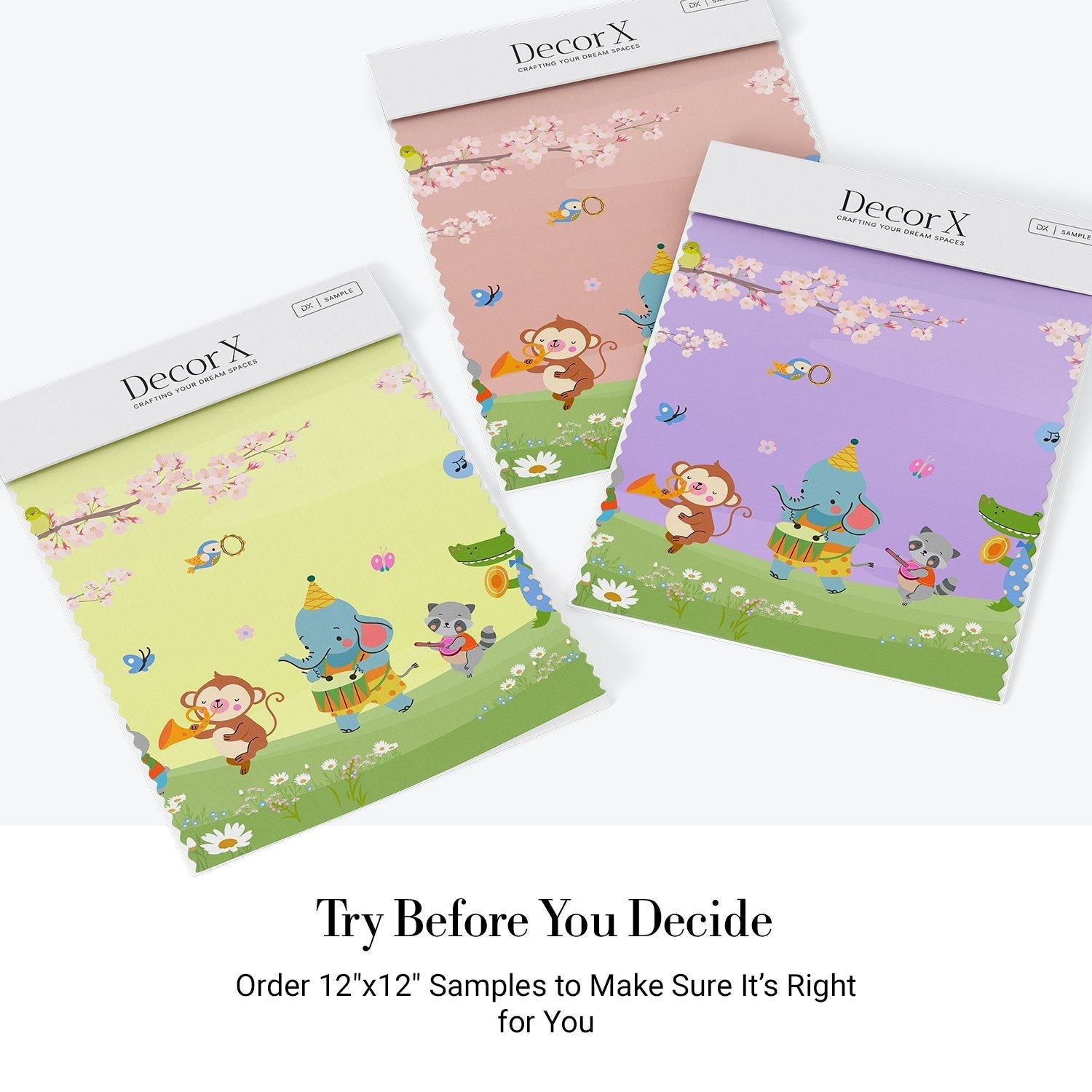 Cartoon animals playing instruments under cherry blossoms with butterflies on pastel blue background - view 21 - final all-groups samples