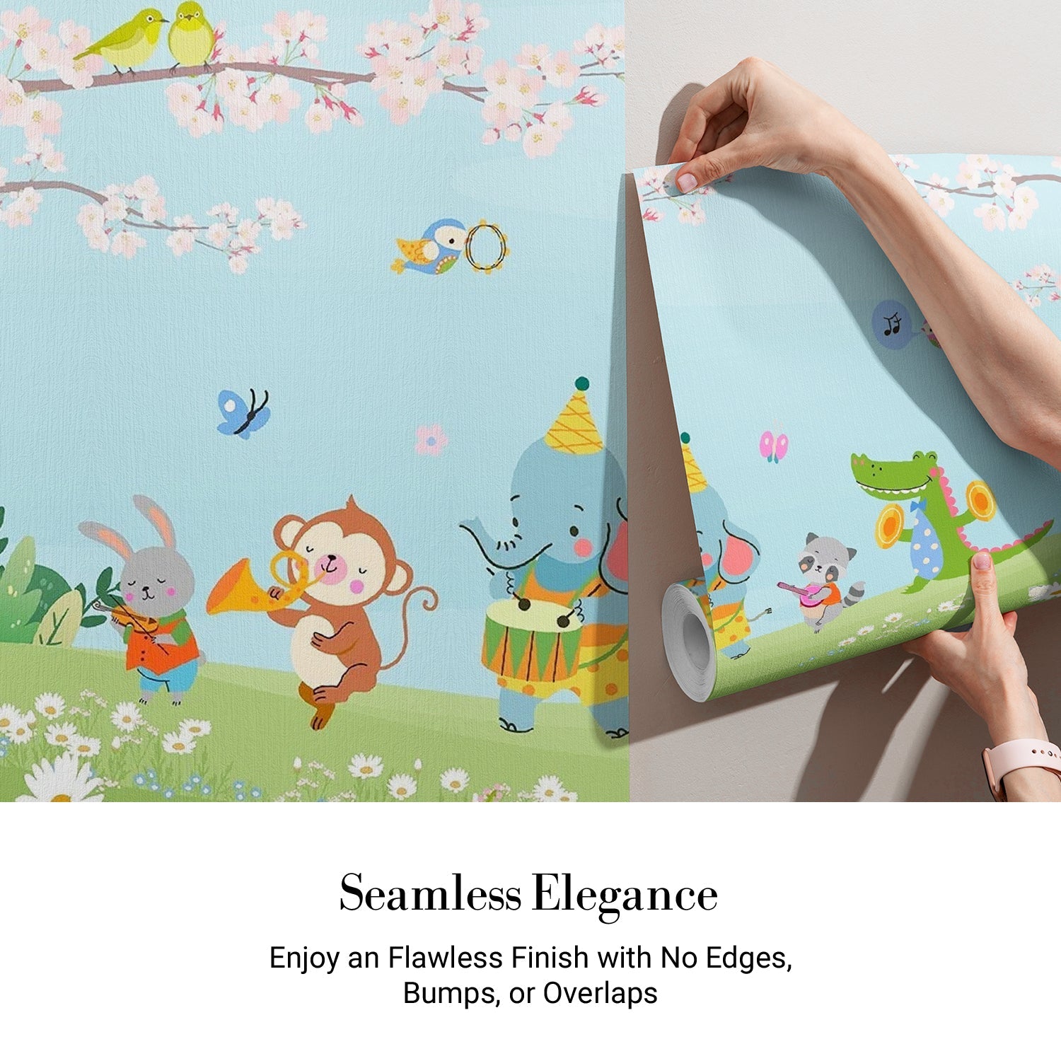 Cartoon animals playing instruments under cherry blossoms with butterflies on pastel blue background - view 3 - final