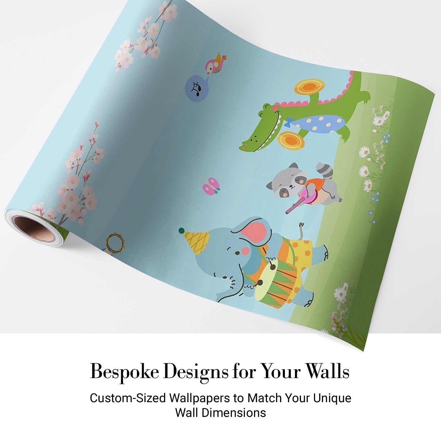 Cartoon animals playing instruments under cherry blossoms with butterflies on pastel blue background - view 4 - final