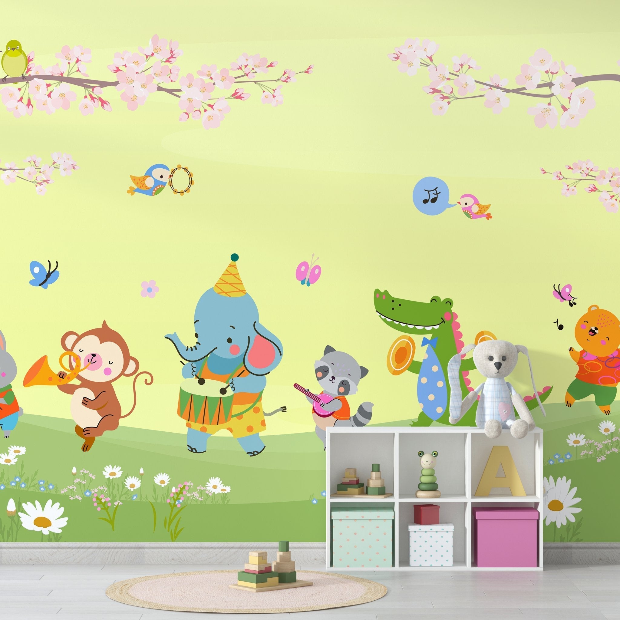 Cartoon animals playing instruments under cherry blossoms with butterflies on pastel blue background - view 7 - final