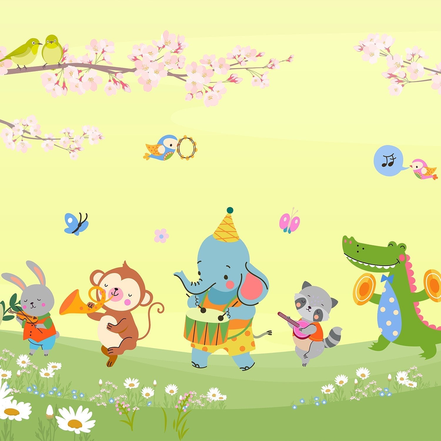 Cartoon animals playing instruments under cherry blossoms with butterflies on pastel blue background - view 8 - final
