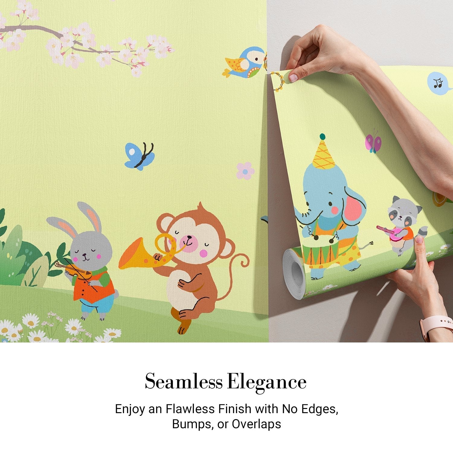 Cartoon animals playing instruments under cherry blossoms with butterflies on pastel blue background - view 9 - final