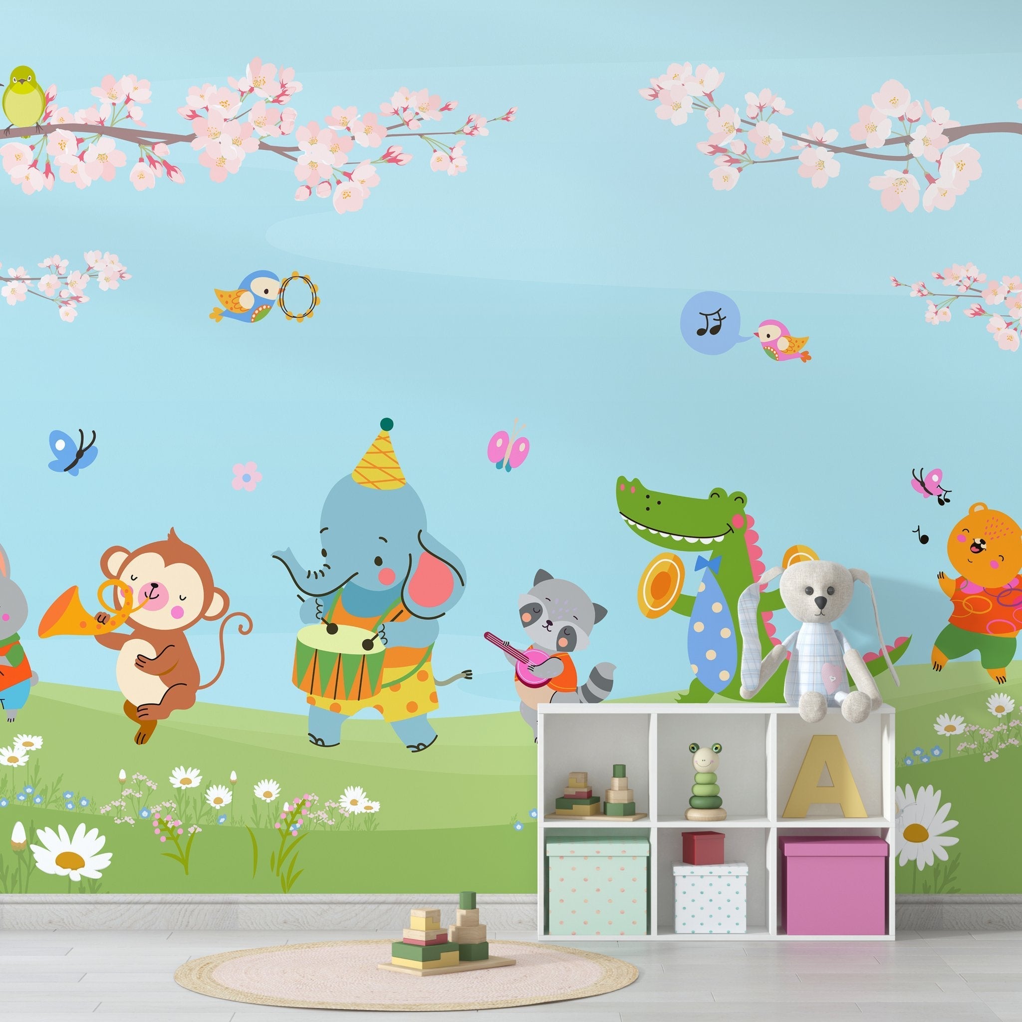 Cartoon animals playing instruments under cherry blossoms with butterflies on pastel blue background - final kids-room
