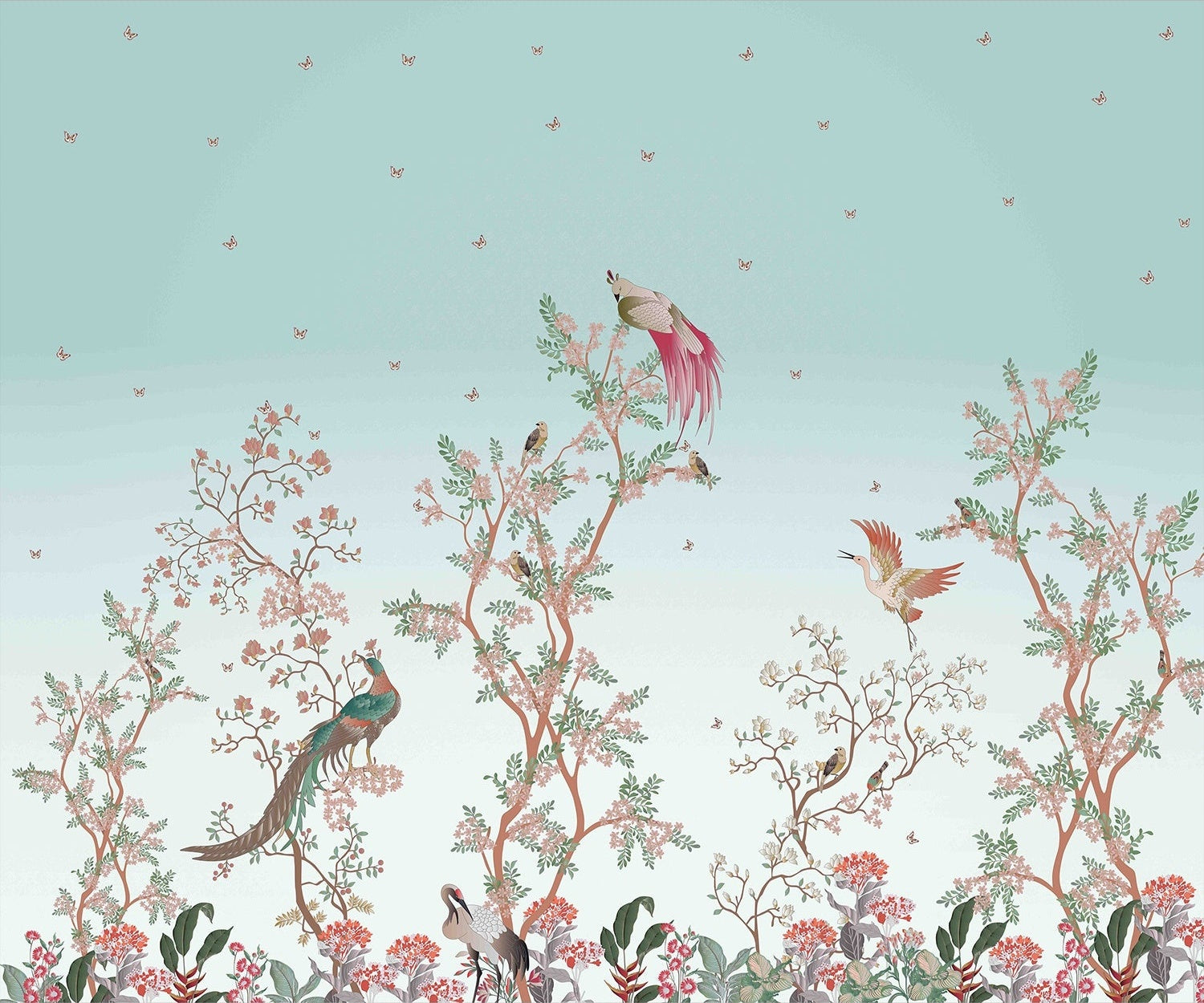 Scenic chinoiserie birds and florals in lea - chinoiserie wallpaper mural-inequal final