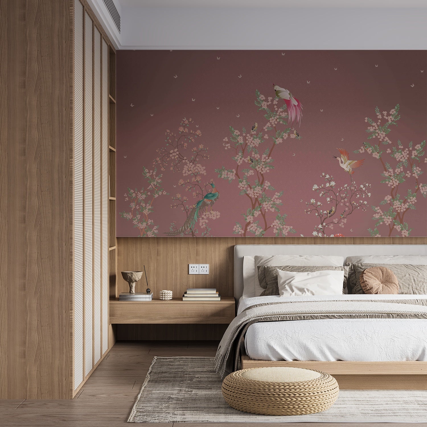 Delicate chinoiserie scene with exotic birds perched on blooming cherry blossom branches - view 12 - final