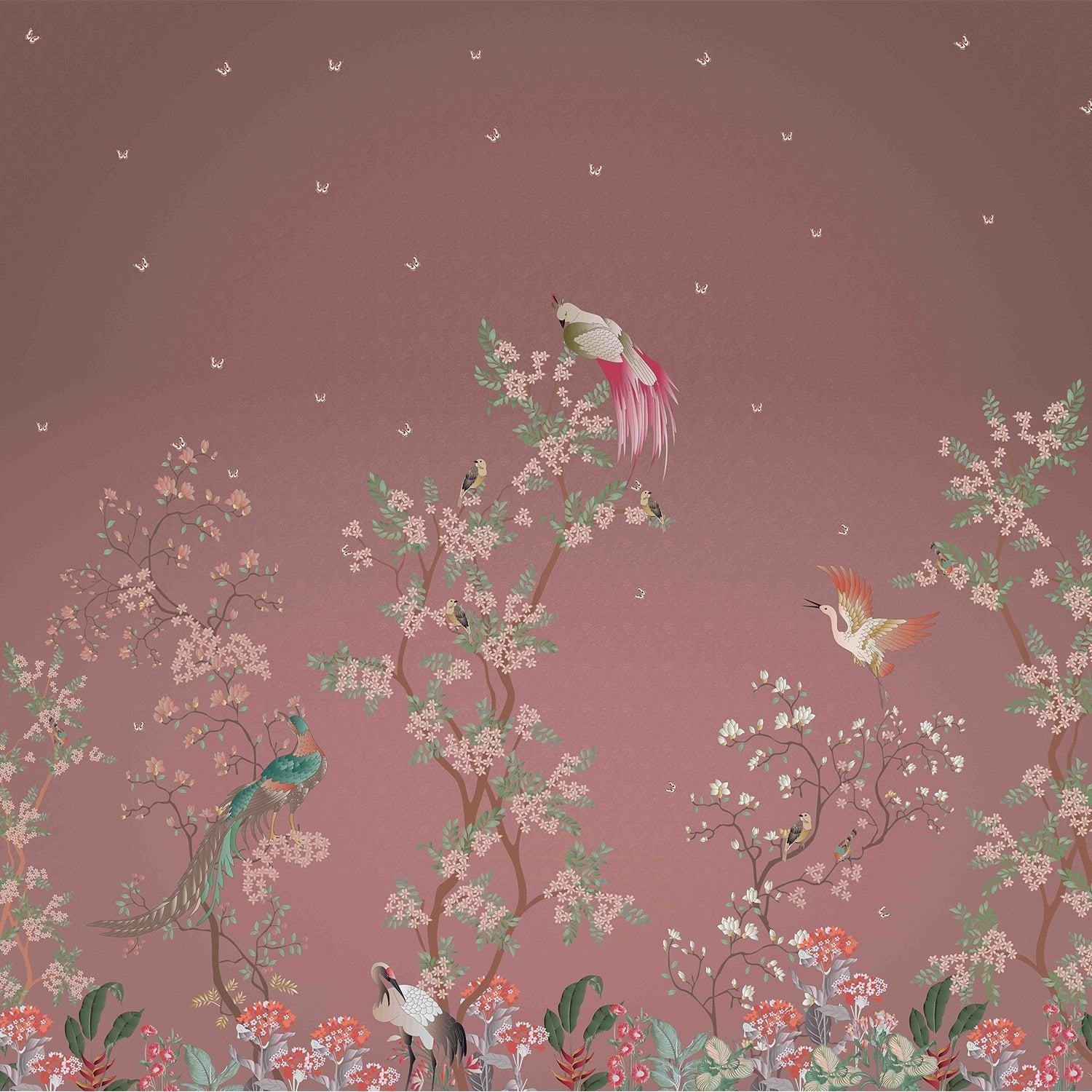 Delicate chinoiserie scene with exotic birds perched on blooming cherry blossom branches - view 13 - final