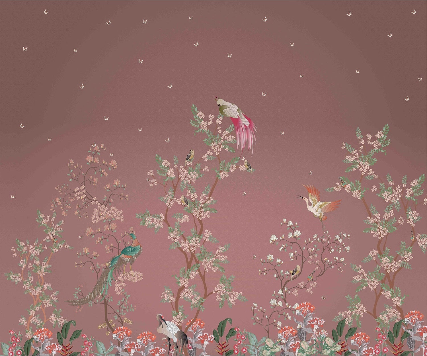 Scenic chinoiserie birds and florals in lea - chinoiserie wallpaper mural-inequal final