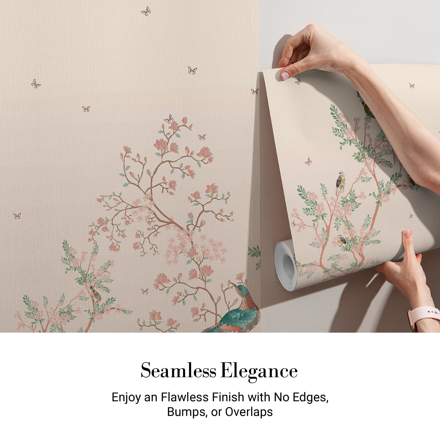 Delicate chinoiserie scene with exotic birds perched on blooming cherry blossom branches - view 3 - final