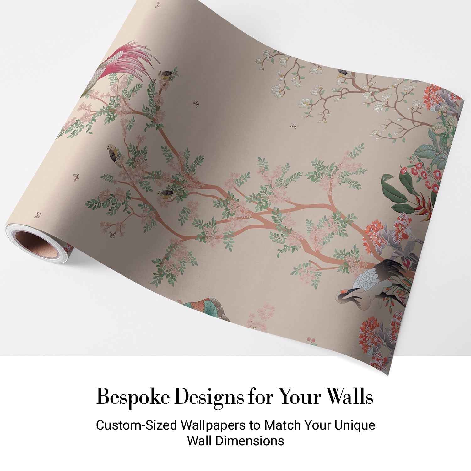 Delicate chinoiserie scene with exotic birds perched on blooming cherry blossom branches - view 4 - final