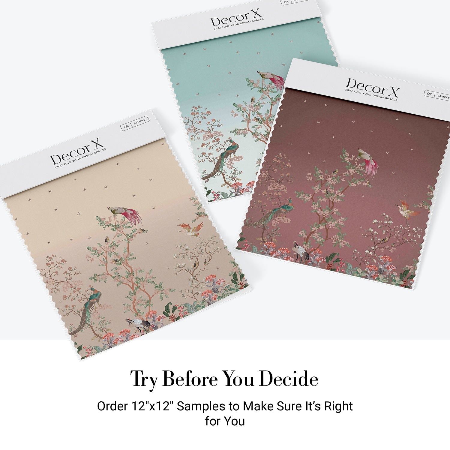 Delicate chinoiserie scene with exotic birds perched on blooming cherry blossom branches - view 5 - final all-groups samples