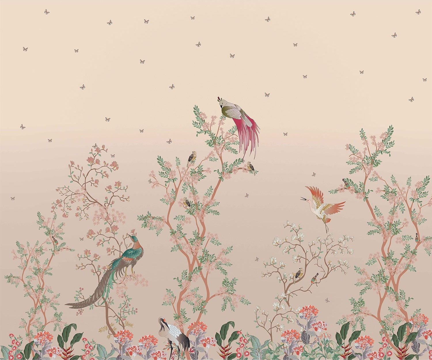 Scenic chinoiserie birds and florals in lea - chinoiserie wallpaper mural-inequal final