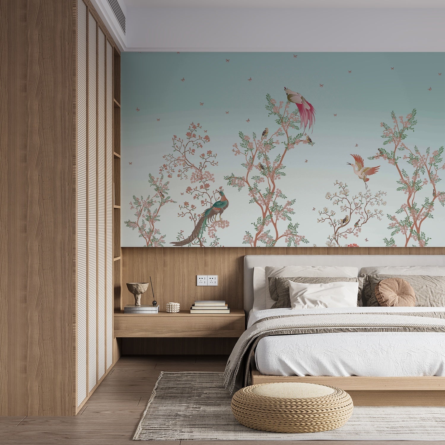 Delicate chinoiserie scene with exotic birds perched on blooming cherry blossom branches - view 8 - final
