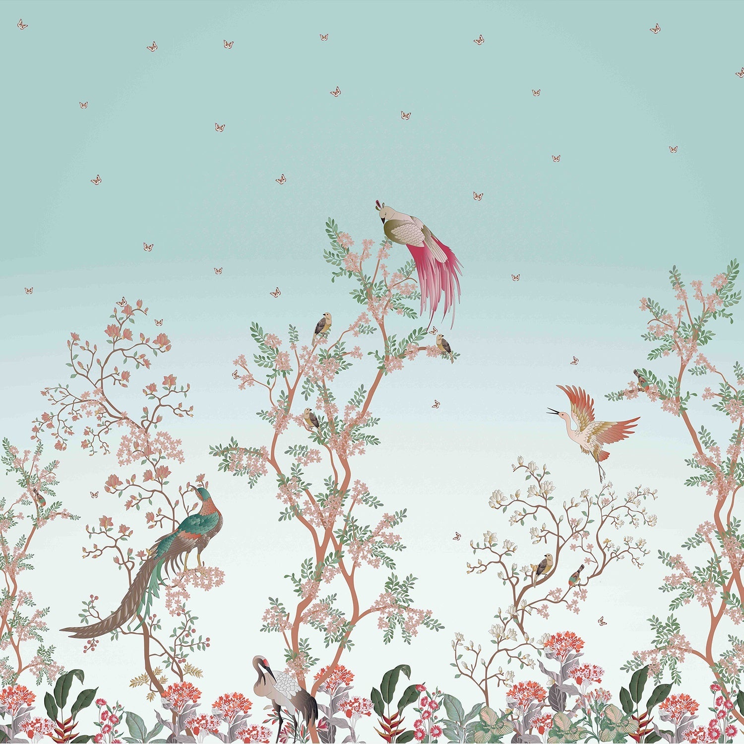 Delicate chinoiserie scene with exotic birds perched on blooming cherry blossom branches - view 9 - final