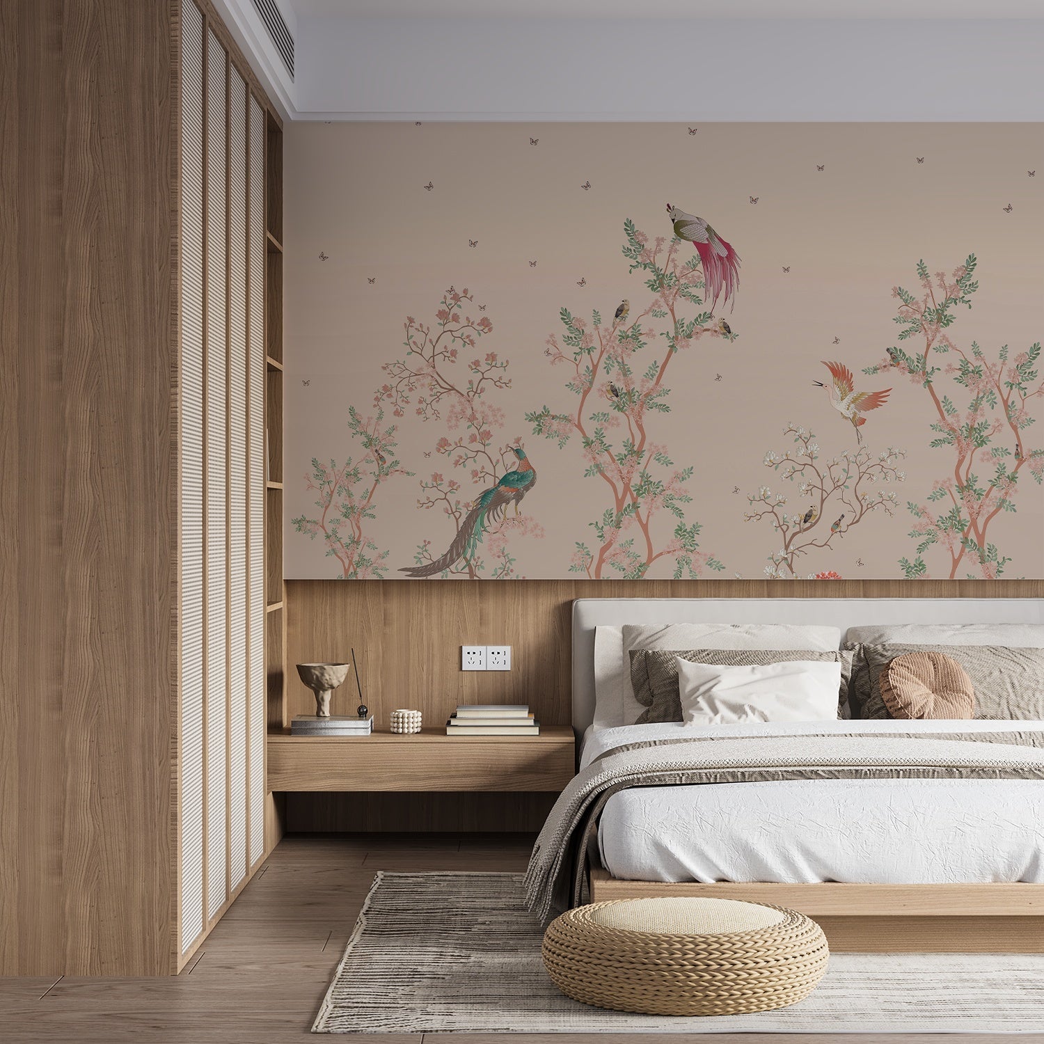 Delicate chinoiserie scene with exotic birds perched on blooming cherry blossom branches - final bed-room