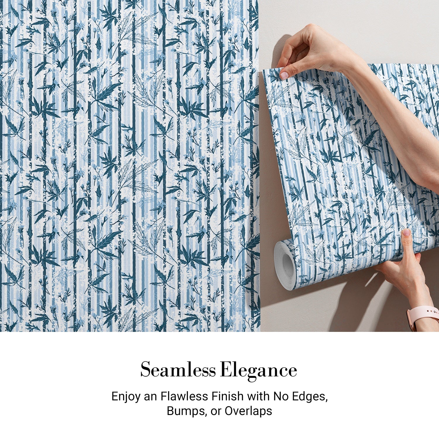 Repeating green bamboo leaves and stems on white background with vertical striped pattern - view 11 - final