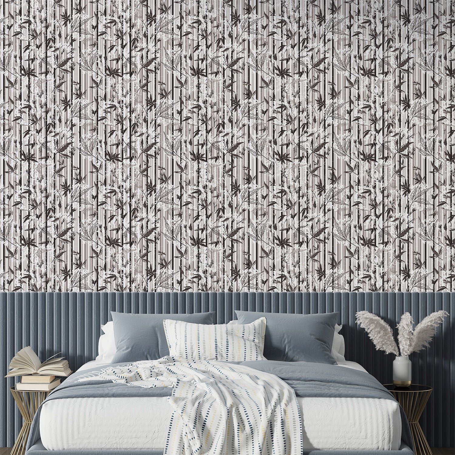 Repeating green bamboo leaves and stems on white background with vertical striped pattern - view 16 - final