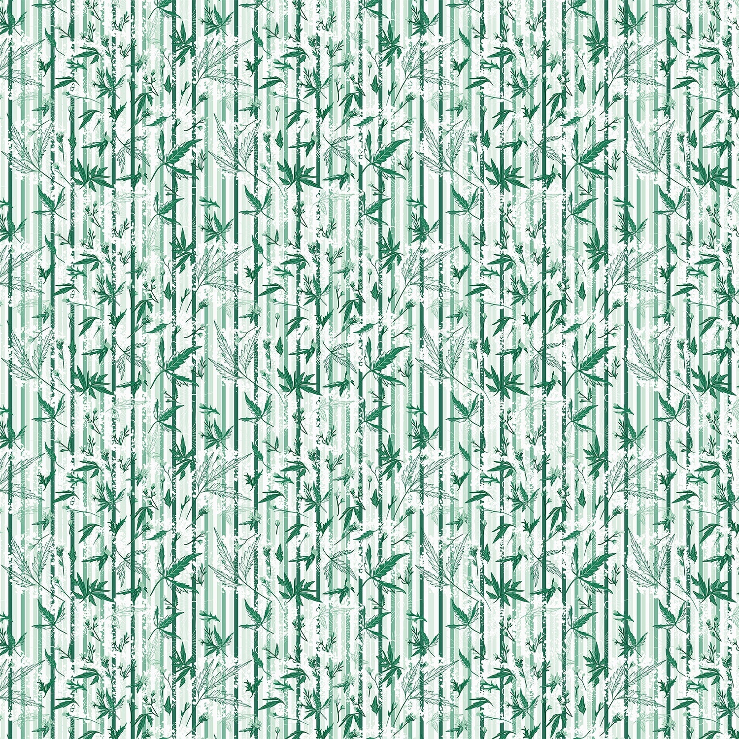 Repeating green bamboo leaves and stems on white background with vertical striped pattern - view 2 - final