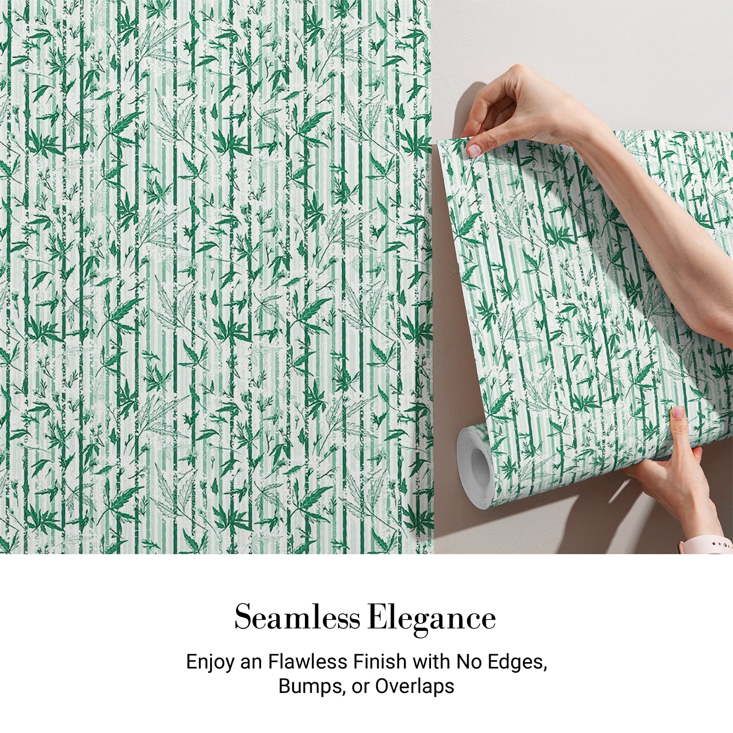 Repeating green bamboo leaves and stems on white background with vertical striped pattern - view 3 - final