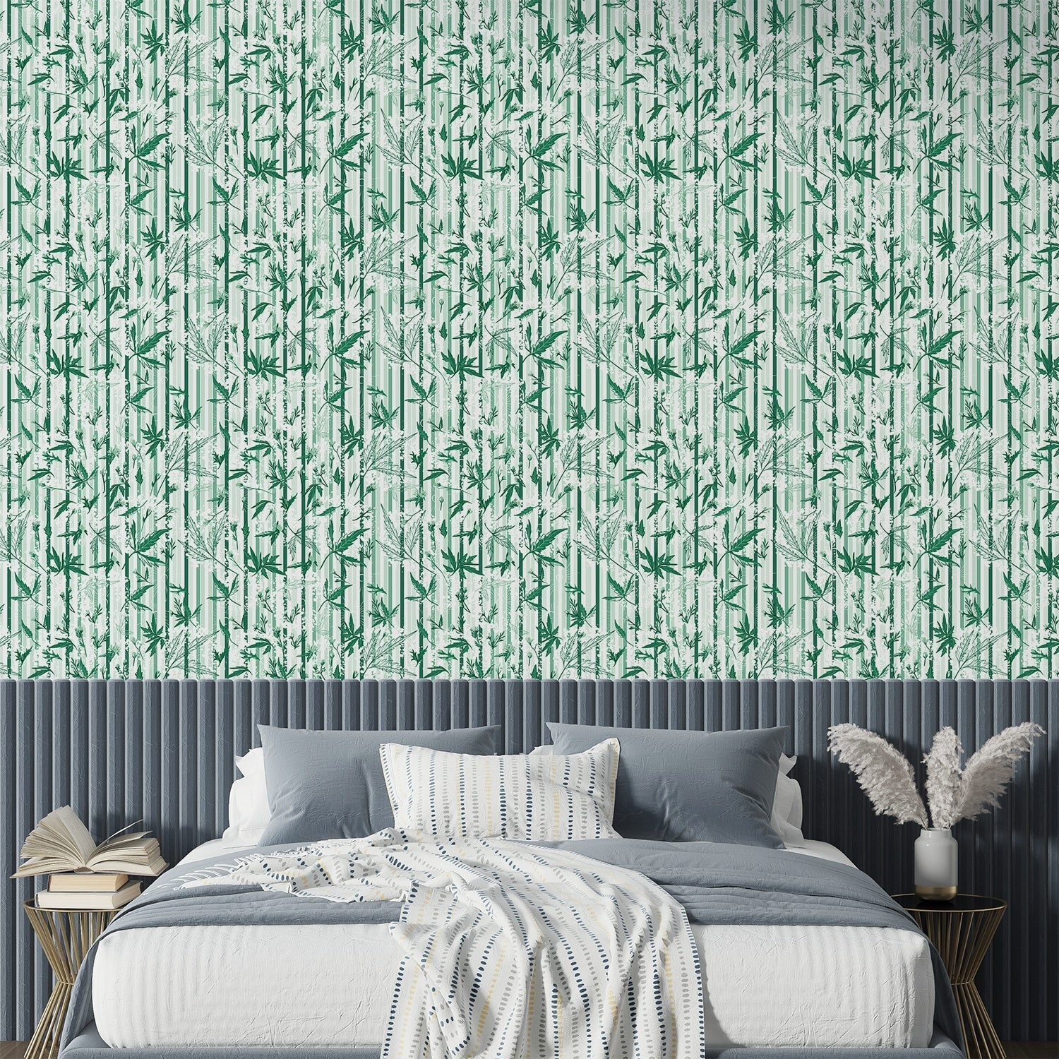 Repeating green bamboo leaves and stems on white background with vertical striped pattern - final bed-room