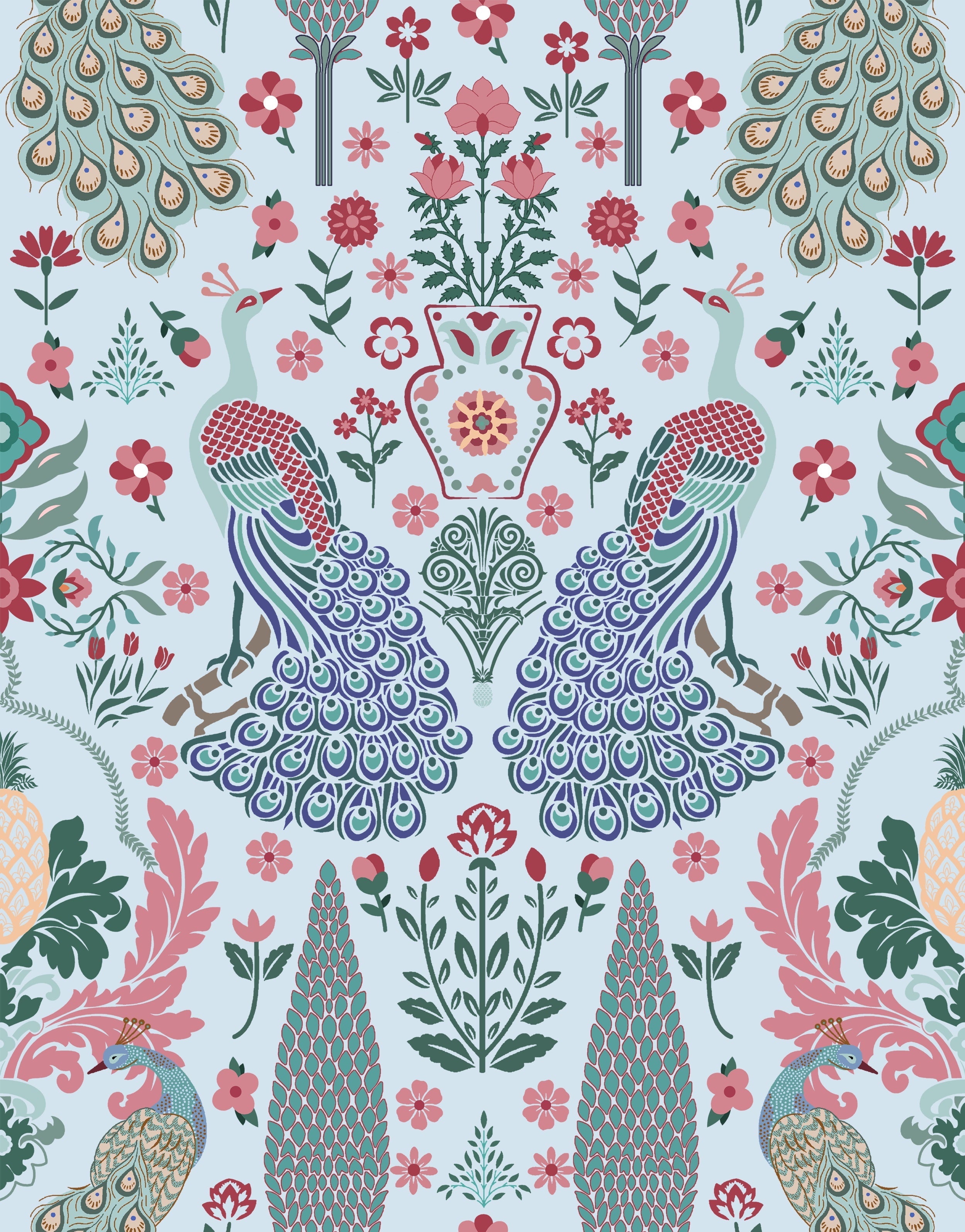 Symmetrical damask motifs in pink and sage green with intricate floral ornamental details - view 12 - repeat-original - final