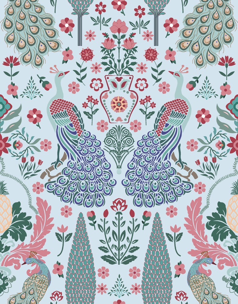 Symmetrical damask motifs in pink and sage green with intricate floral ornamental details - view 13 - repeat-small - final