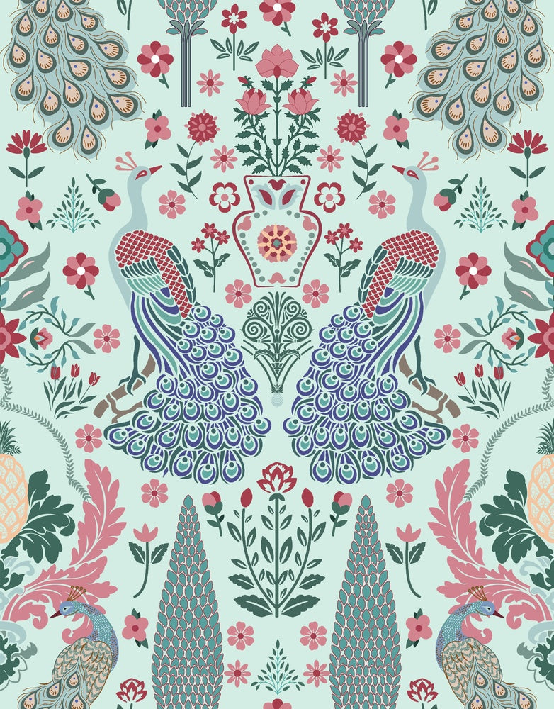 Symmetrical damask motifs in pink and sage green with intricate floral ornamental details - view 17 - repeat-small - final